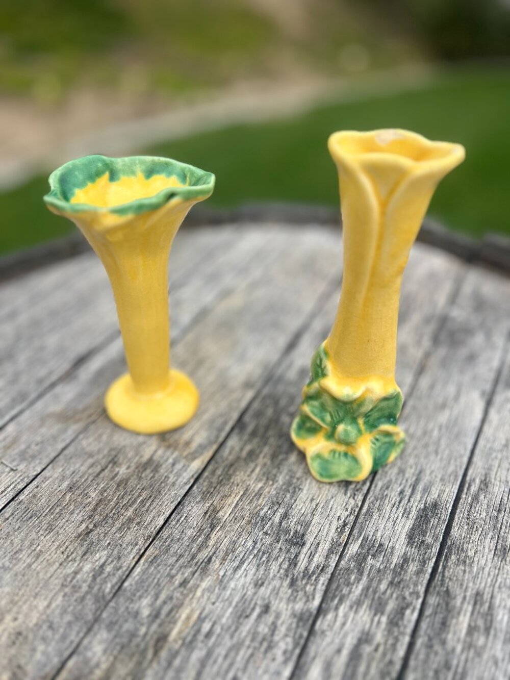 Pair of Vintage Yellow & Green Pottery Bud Vases | Cottage Floral Decor